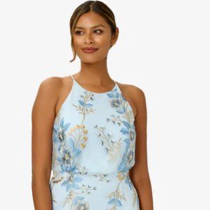 FLORAL EMBROIDERED LONG BLOUSON HALTER GOWN IN SKY BLUE